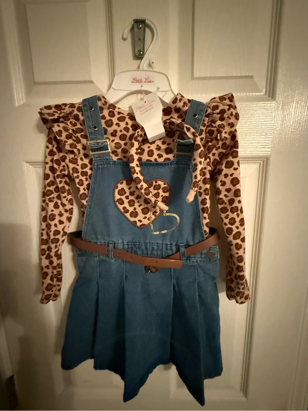 Kids Denim Dress with Leopard Heart Top and headband